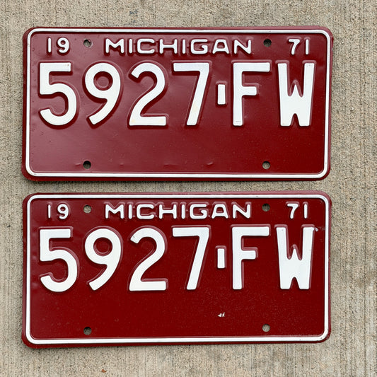 Photo of a 1971 Michigan Commercial License Plate Pair Auto Tag Garage Decor Vintage 5927 FW with original patina