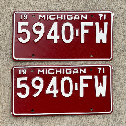 Photo of a 1971 Michigan Commercial License Plate Pair Auto Tag Garage Decor Vintage 5940 FW with original patina