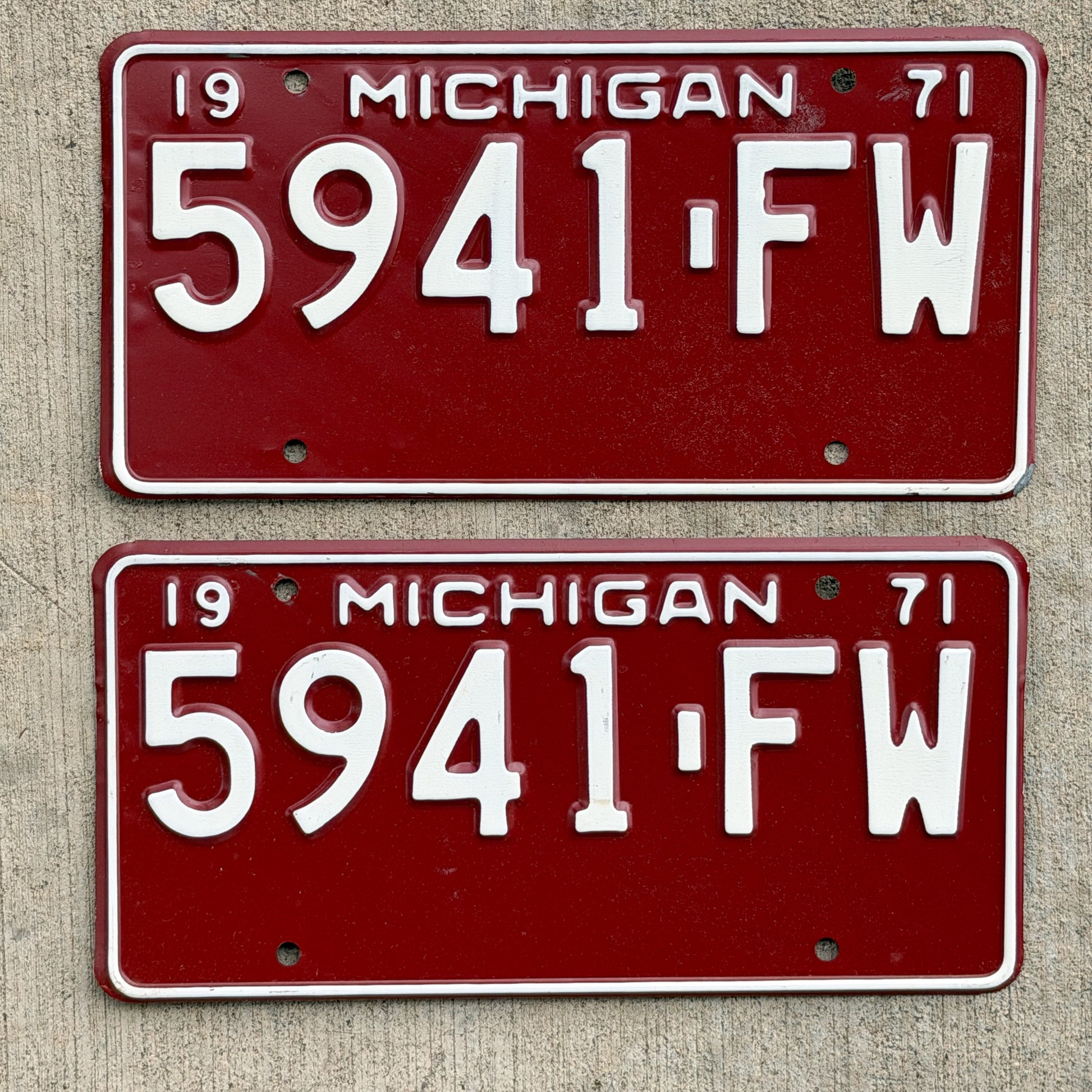 Photo of a 1971 Michigan Commercial License Plate Pair Auto Tag Garage Decor Vintage 5941 FW with original patina