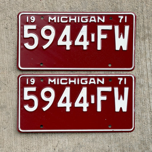 Photo of a 1971 Michigan Commercial License Plate Pair Auto Tag Garage Decor Vintage 5944 FW with original patina