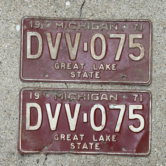 Photo of a 1971 Michigan License Plate Pair Auto Tag Garage Decor Vintage DVV 075 with original patina