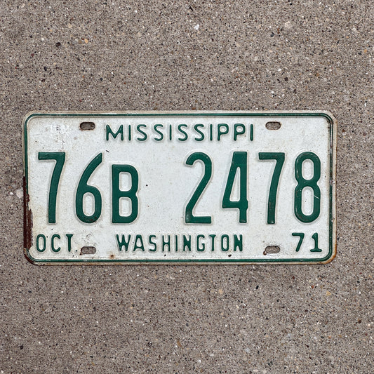 Photo of a 1971 Mississippi License Plate Auto Tag Garage Decor Vintage 76 B 2478 with original patina