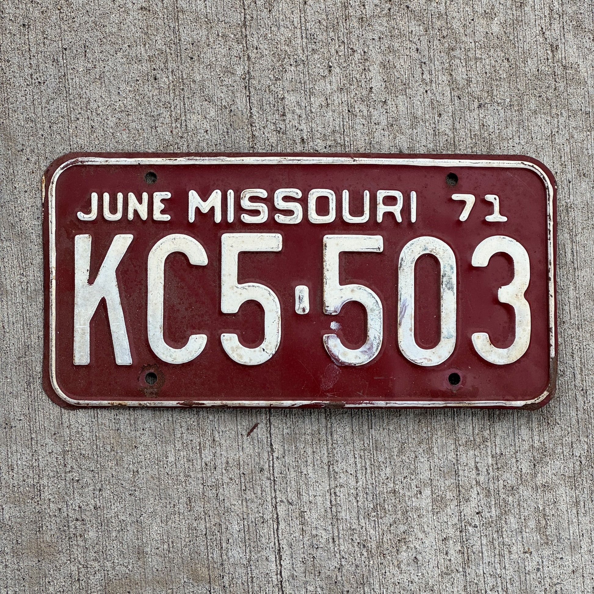 Photo of a 1971 Missouri License Plate Auto Tag Garage Decor Vintage KC5 503 with original patina