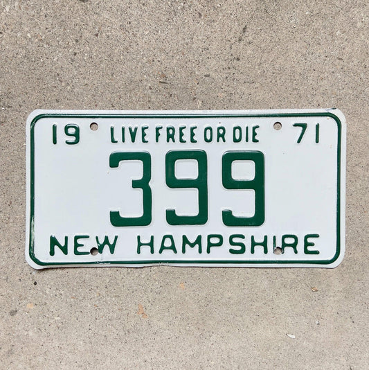 Photo of a 1971 New Hampshire License Plate Auto Tag Garage Decor Vintage Low Number Three Digit 399 with original patina
