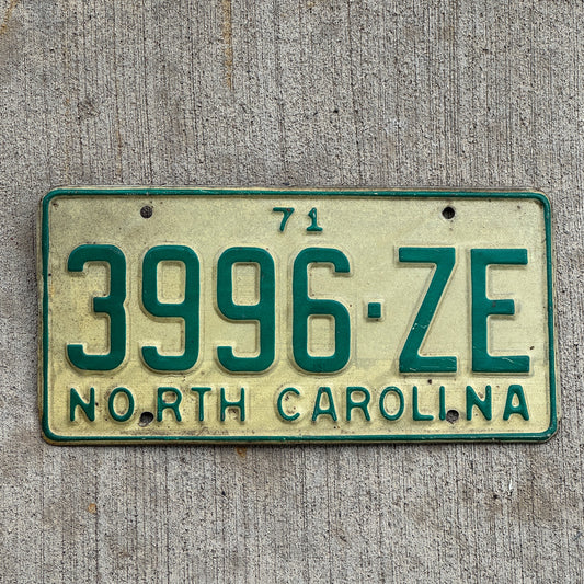 Photo of a 1971 North Carolina License Plate Auto Tag Garage Decor Vintage 3996 ZE with original patina