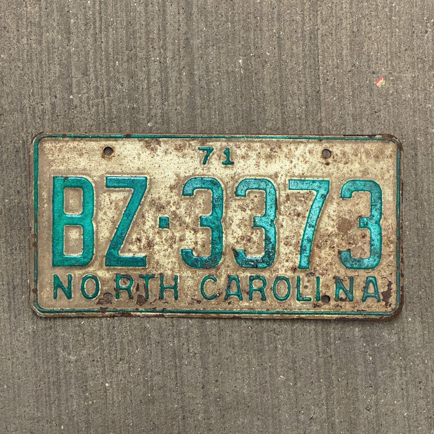 Photo of a 1971 North Carolina License Plate Auto Tag Garage Decor Vintage BZ 3373 with original patina