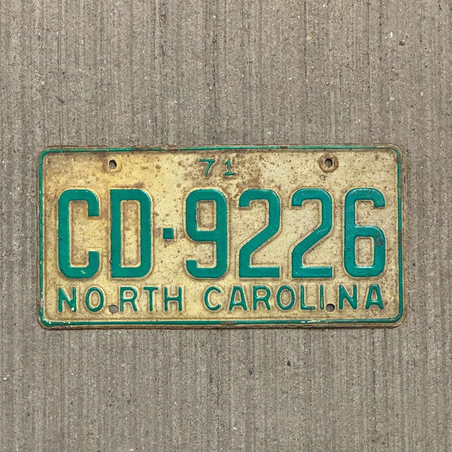Photo of a 1971 North Carolina License Plate Auto Tag Garage Decor Vintage CD 9226 with original patina