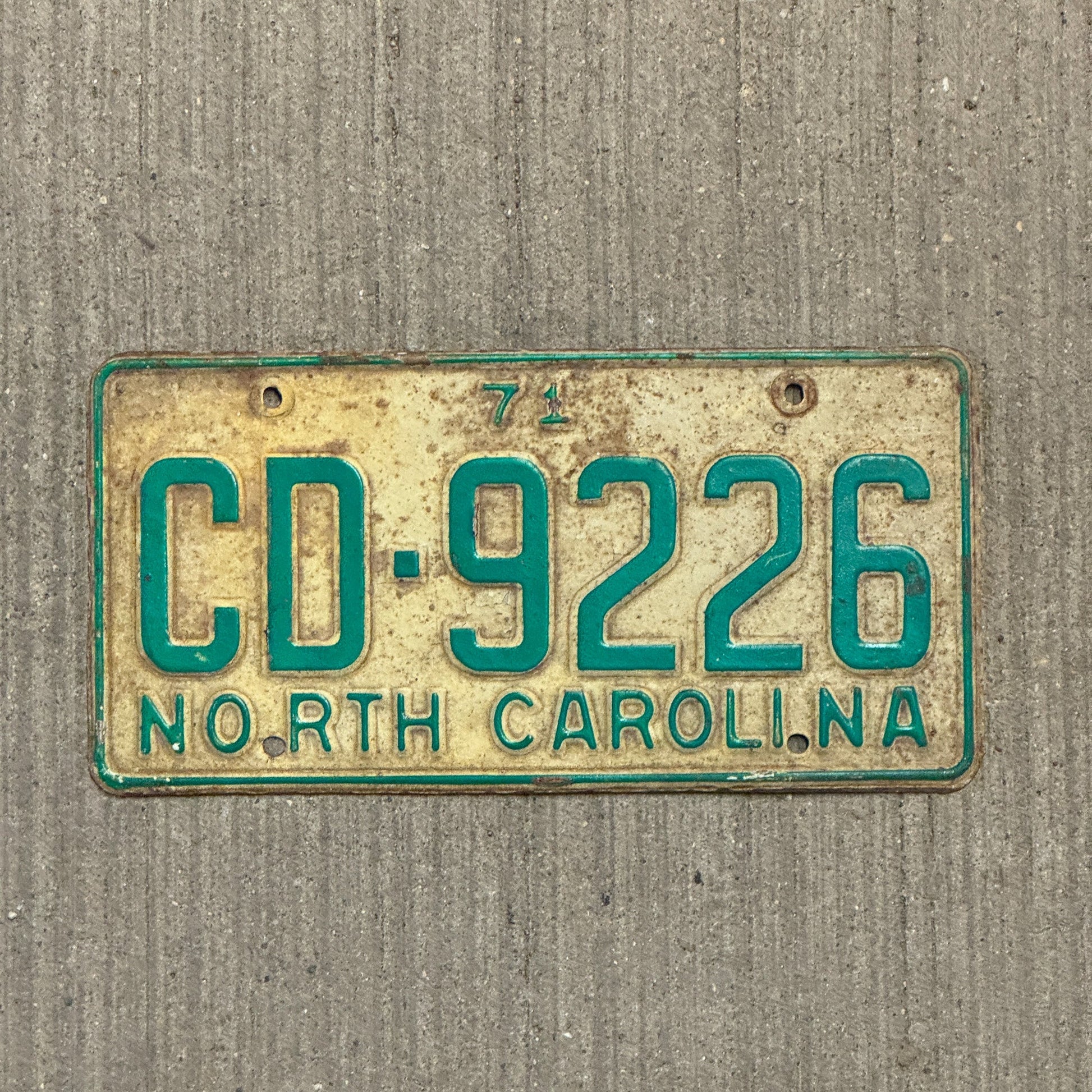 Photo of a 1971 North Carolina License Plate Auto Tag Garage Decor Vintage CD 9226 with original patina