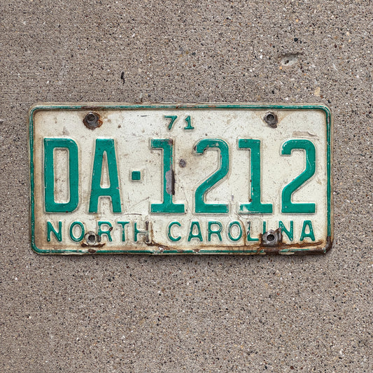 Photo of a 1971 North Carolina License Plate Auto Tag Garage Decor Vintage DA 1212 with original patina