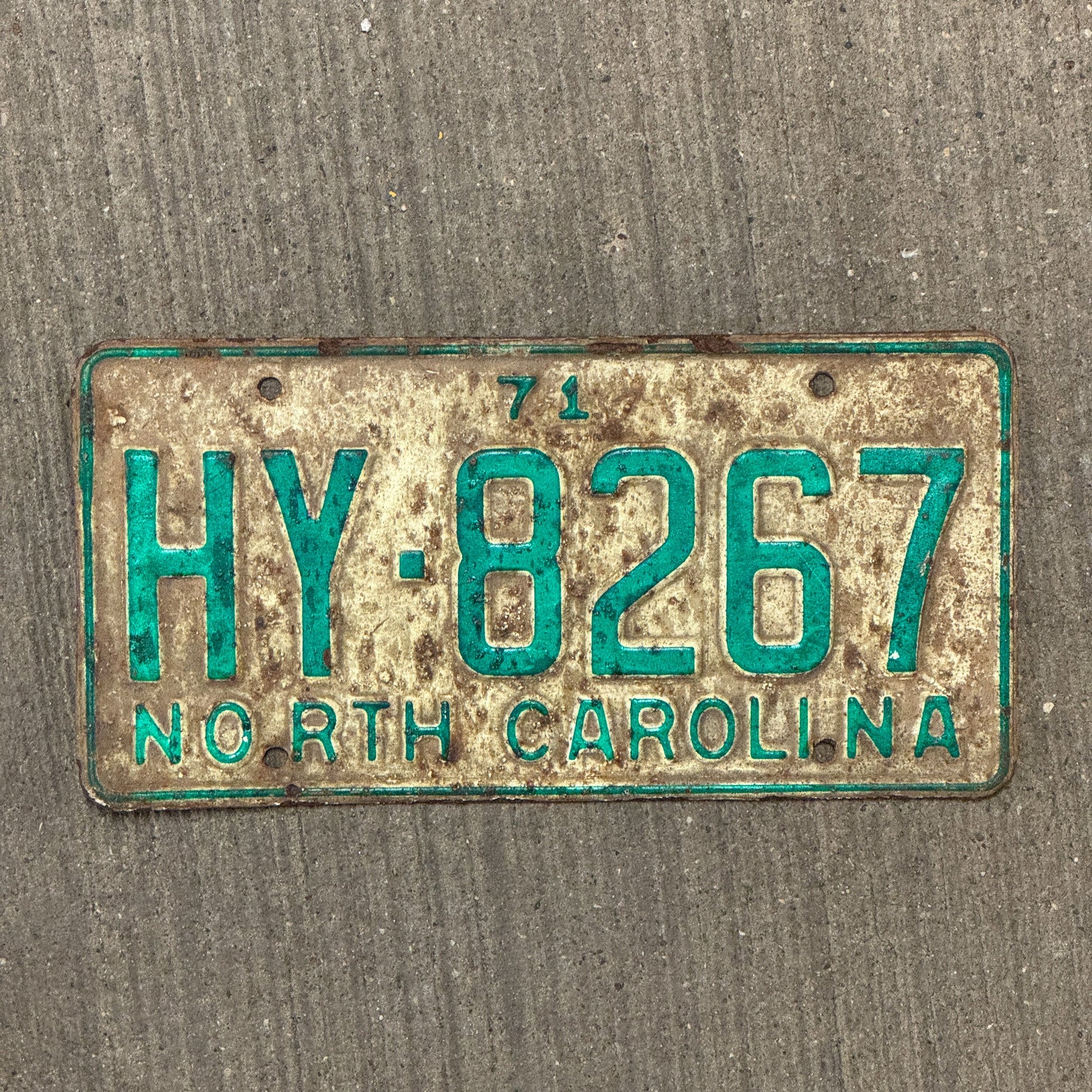 Photo of a 1971 North Carolina License Plate Auto Tag Garage Decor Vintage HY 8267 with original patina