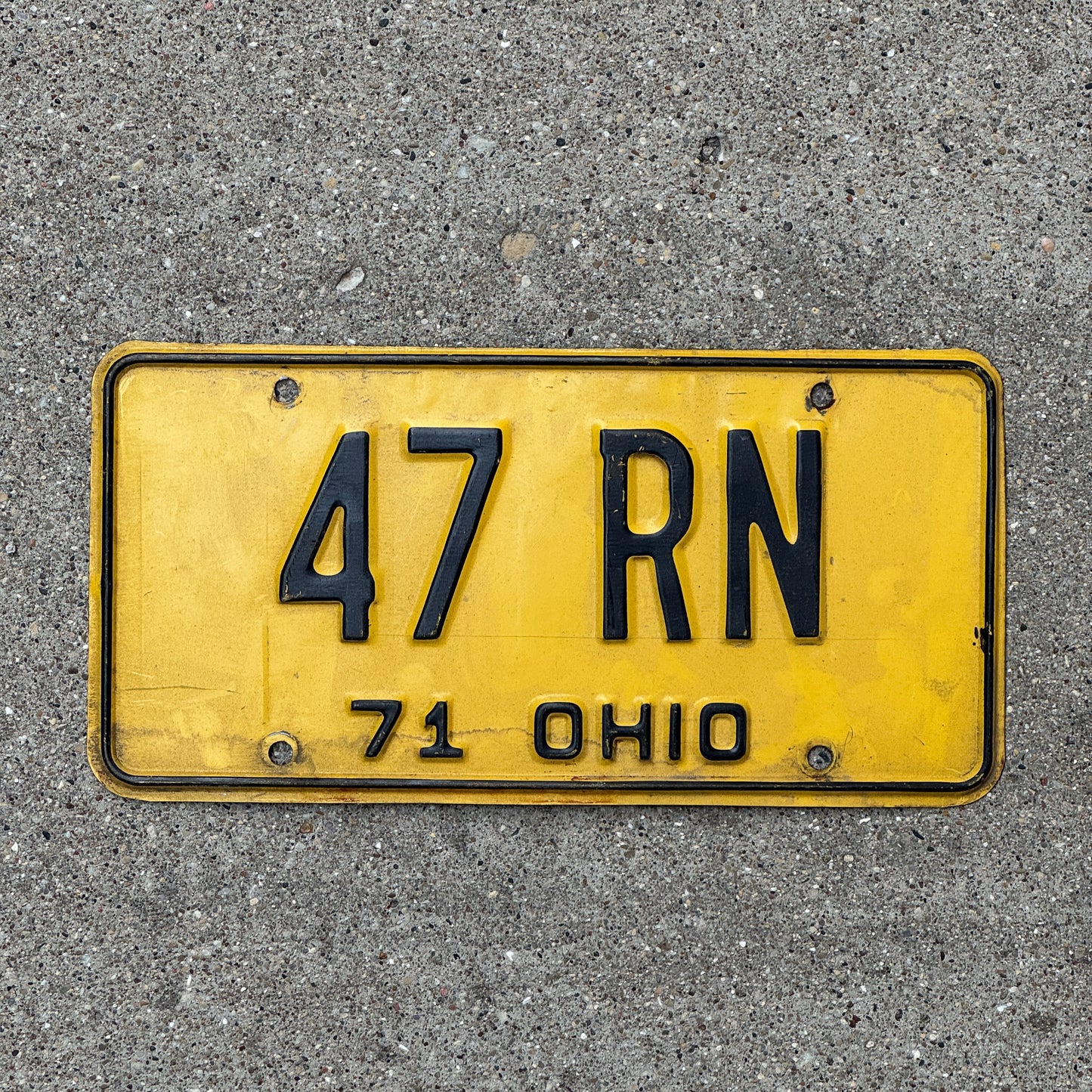 Photo of a 1971 Ohio License Plate Auto Tag 2 Vintage Garage Nurse Gift 47 RN with original patina