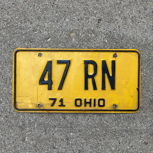 Photo of a 1971 Ohio License Plate Auto Tag 2 Vintage Garage Nurse Gift 47 RN with original patina