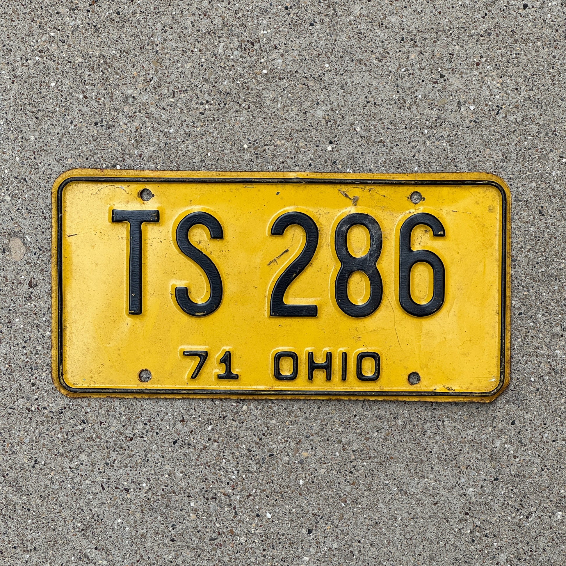 Photo of a 1971 Ohio License Plate Auto Tag 2 Vintage Garage TS 286 with original patina