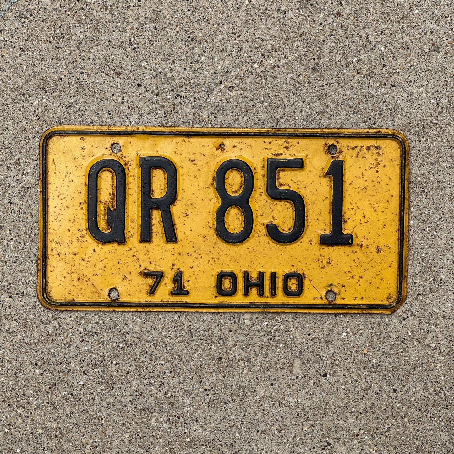 Photo of a 1971 Ohio License Plate Auto Tag Garage Decor Vintage QR 851 with original patina