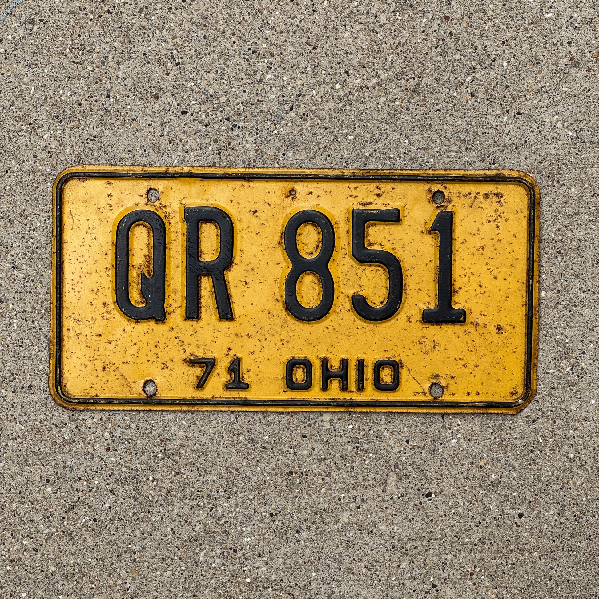 Photo of a 1971 Ohio License Plate Auto Tag Garage Decor Vintage QR 851 with original patina
