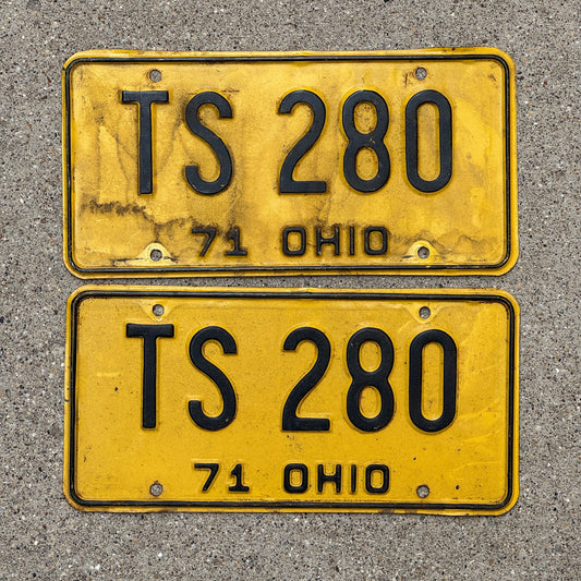 Photo of a 1971 Ohio License Plate Pair Auto Tag Garage Decor Vintage TS 280 with original patina