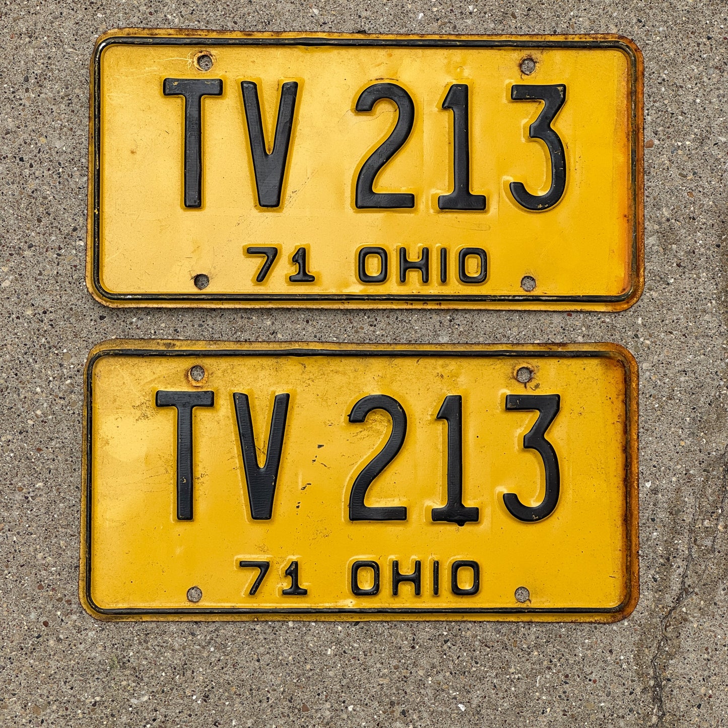 Photo of a 1971 Ohio License Plate Pair Auto Tag Garage Decor Vintage TV 213 with original patina