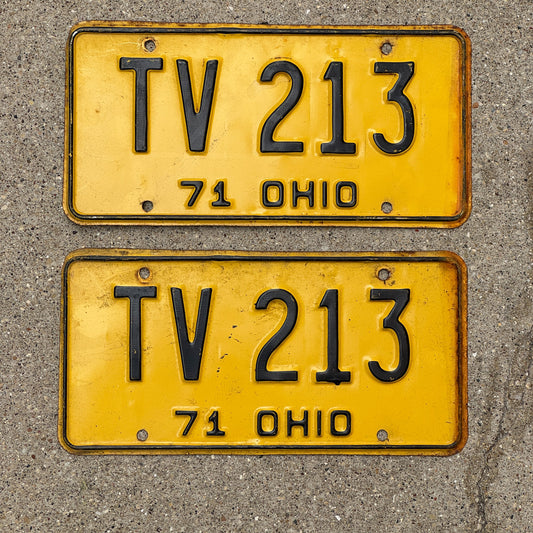 Photo of a 1971 Ohio License Plate Pair Auto Tag Garage Decor Vintage TV 213 with original patina