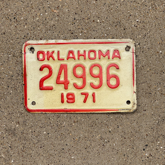 Photo of a 1971 Oklahoma Motorcycle License Plate Auto Tag Garage Decor Vintage 24996