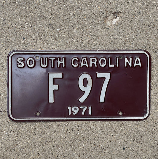 Photo of a 1971 South Carolina License Plate Auto Tag Garage Decor Vintage F 97 with original patina
