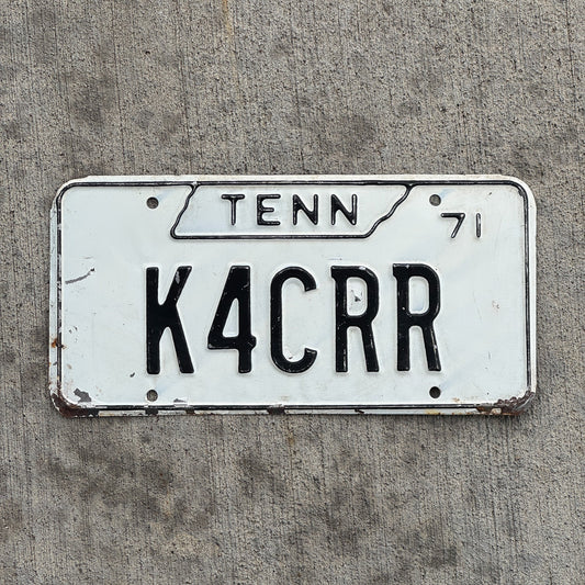 Photo of a 1971 Tennessee HAM Radio License Plate Auto Tag Garage Decor Vintage K4CRR with original patina