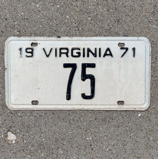 Photo of a 1971 Virginia License Plate Auto Tag Garage Decor Vintage Low Number Two Digit 75 with original patina