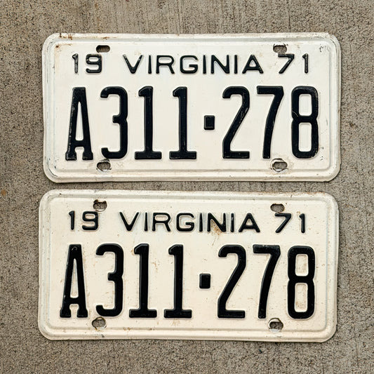Photo of a 1971 Virginia License Plate Pair Auto Tag Garage Decor Vintage A 311 278 with original patina