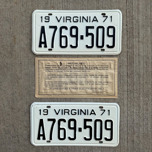 Photo of a 1971 Virginia License Plate Pair Auto Tag Garage Decor Vintage NOS High Quality A 769 509 with original patina