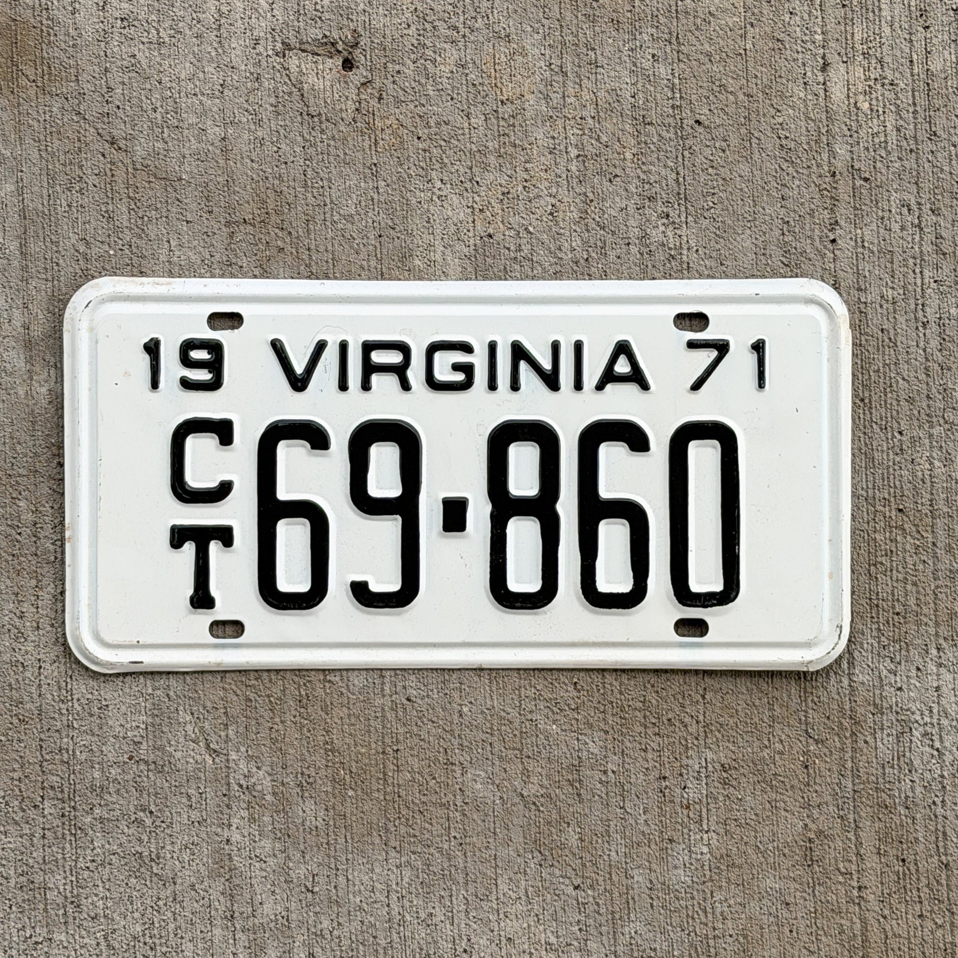 Photo of a 1971 Virginia Trailer License Plate Auto Tag Garage Decor Vintage CT 69 860 with original patina