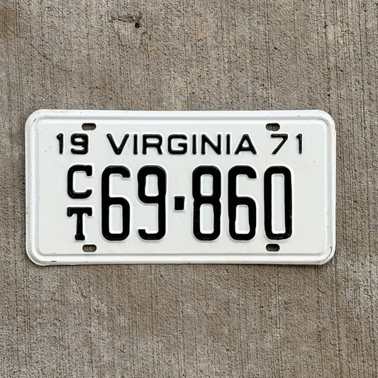 Photo of a 1971 Virginia Trailer License Plate Auto Tag Garage Decor Vintage CT 69 860 with original patina