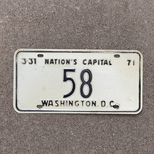 Photo of a 1971 Washington DC License Plate Auto Tag Garage Decor Vintage Low Number Two Digit 58 with original patina