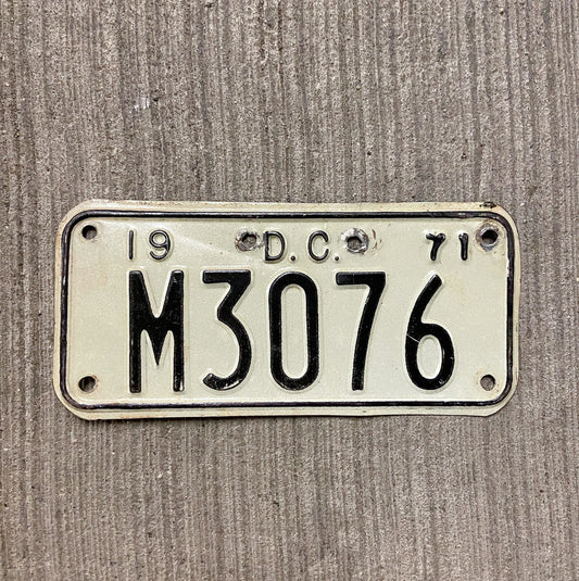 Photo of a 1971 Washington DC Motorcycle License Plate Auto Tag Garage Decor Vintage M 3076 with original patina