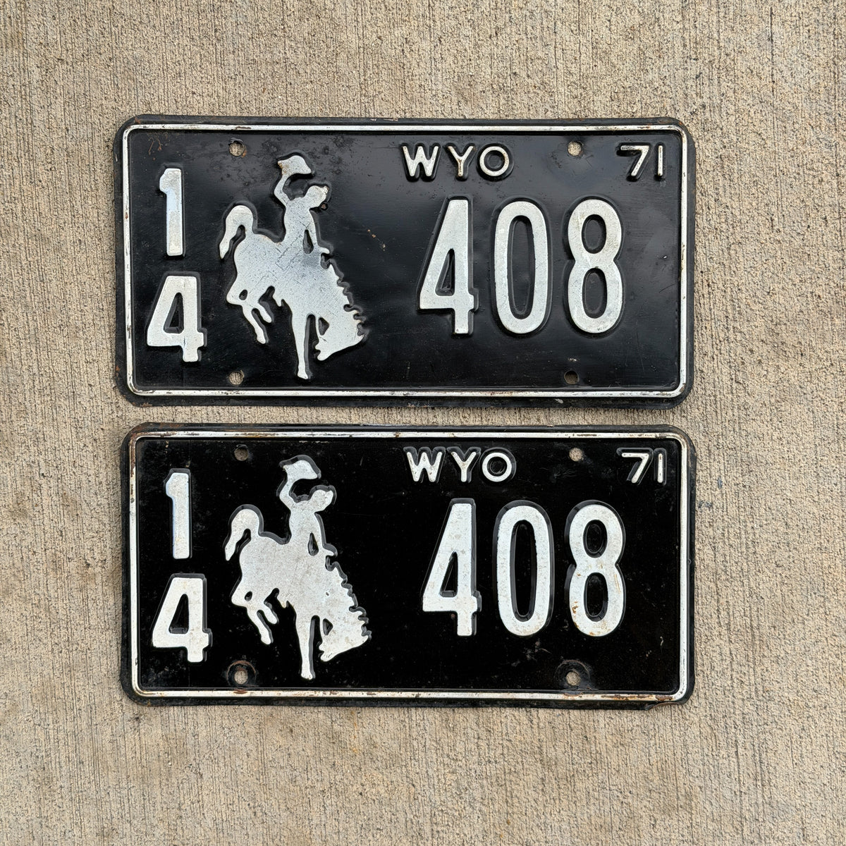 Photo of a 1971 Wyoming License Plate Pair Auto Tag Garage Decor Vintage 14 408 with original patina