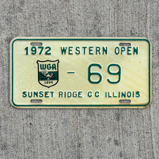 Photo of a 1972 1959 Illinois License Plate Auto Tag Garage Decor Vintage Western Open Golf Sunset Ridge Country Club 69 with original patina