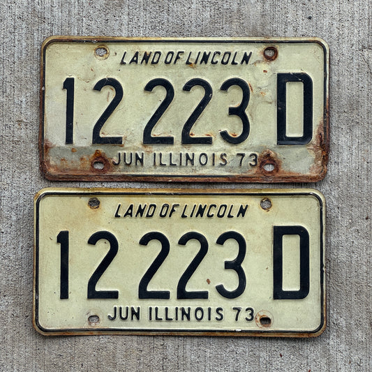 Photo of a 1972 1973 Illinois Truck License Plate Pair Auto Tag Garage Decor Vintage Repeat Repeating 12 223 D with original patina