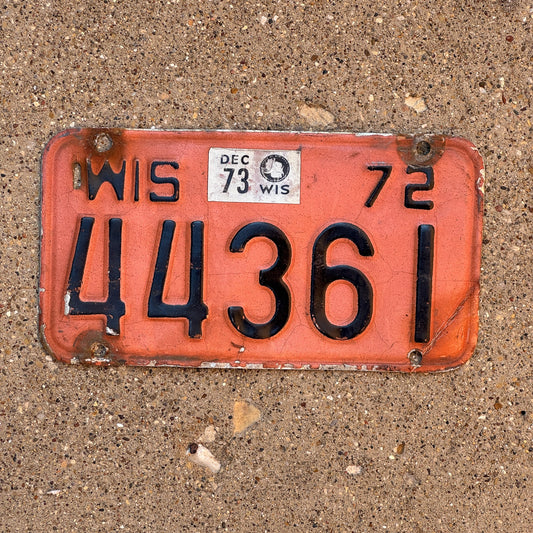 Photo of a 1972 1973 Wisconsin Motorcycle License Plate Auto Tag Garage Decor Vintage 44361