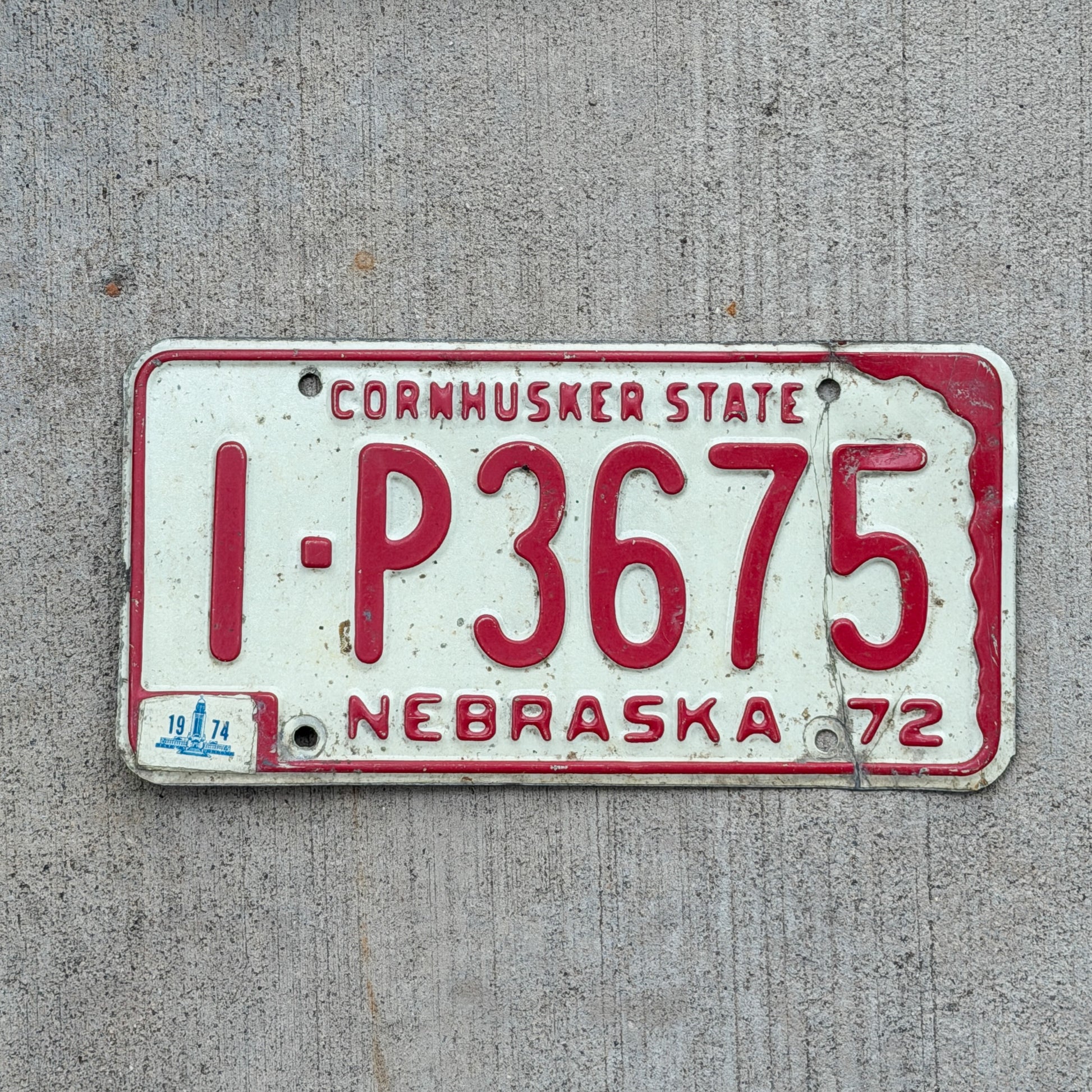 Photo of a 1972 1974 Nebraska License Plate Auto Tag Garage Decor Vintage 1 P3675 with original patina