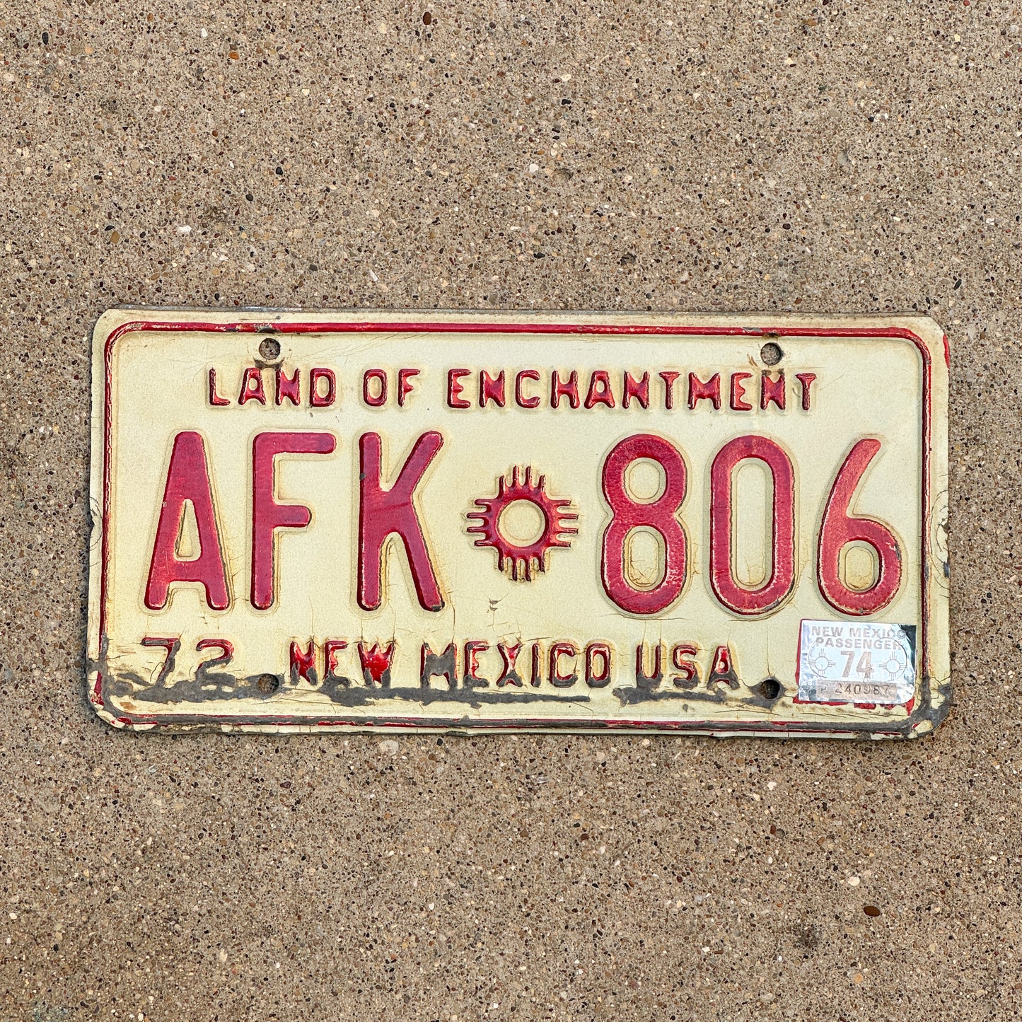Photo of a 1972 1974 New Mexico License Plate Auto Tag Garage Decor Vintage AFK 806 with original patina