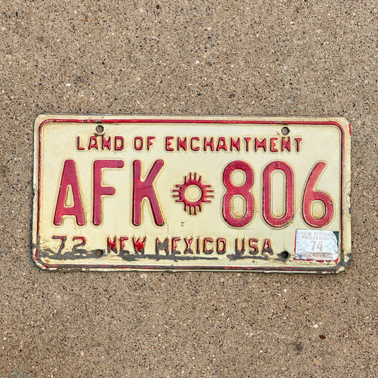 Photo of a 1972 1974 New Mexico License Plate Auto Tag Garage Decor Vintage AFK 806 with original patina