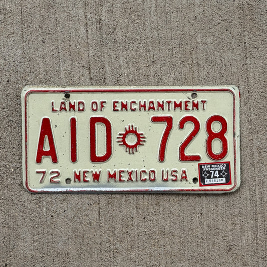 Photo of a 1972 1974 New Mexico License Plate Auto Tag Garage Decor Vintage AID 728 with original patina