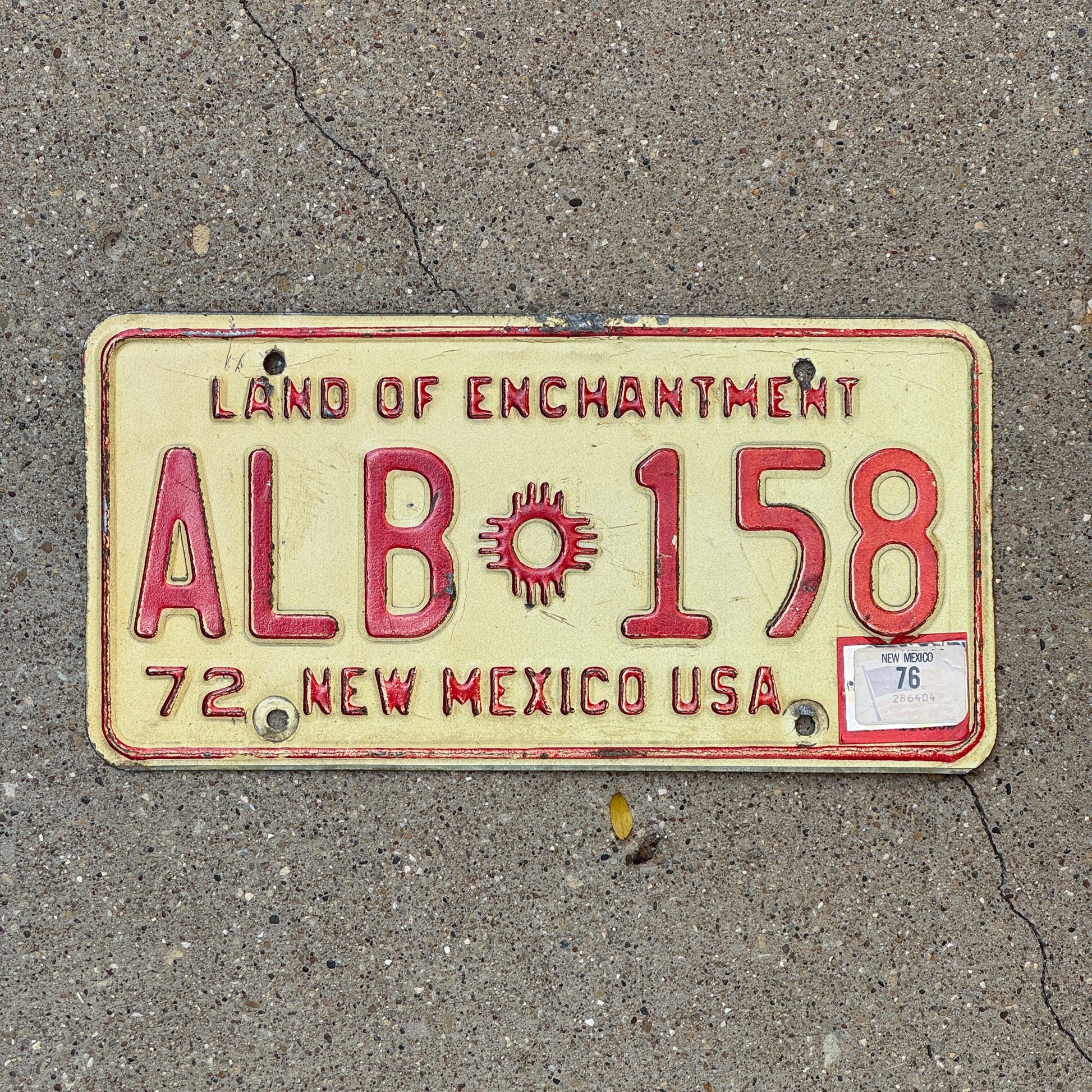 Photo of a 1972 1976 New Mexico License Plate Auto Tag Garage Decor Vintage ALB 158 with original patina