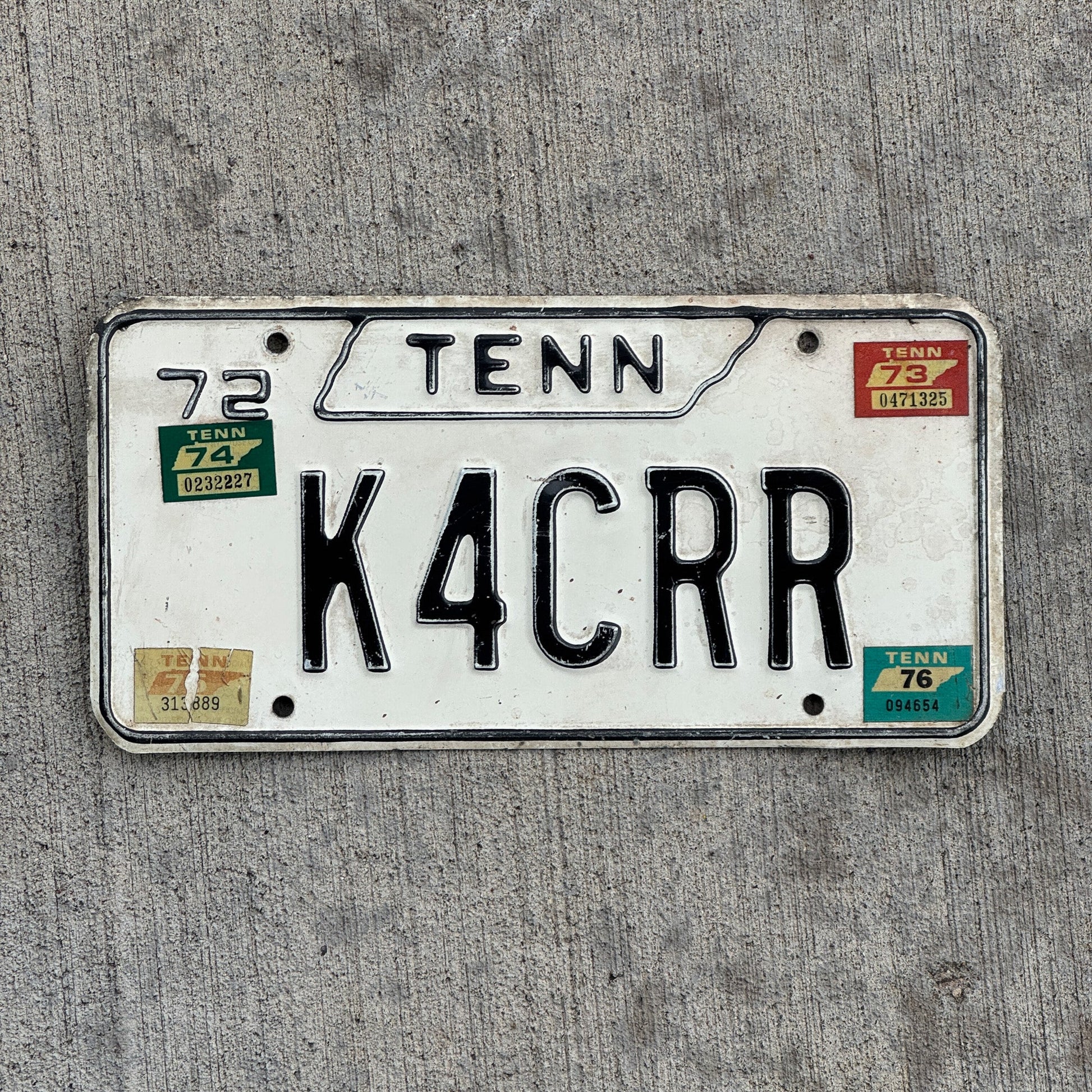 Photo of a 1972 1976 Tennessee HAM Radio License Plate Auto Tag Garage Decor Vintage K4CRR with original patina