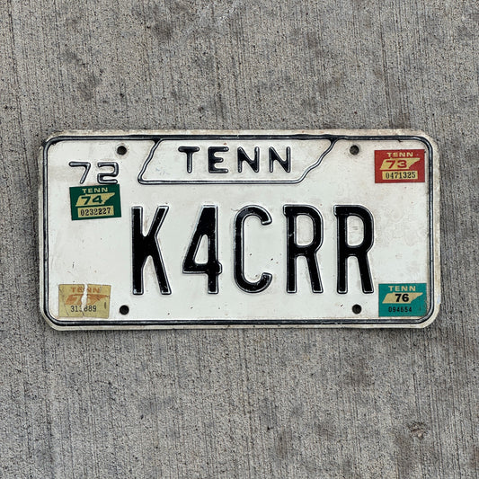 Photo of a 1972 1976 Tennessee HAM Radio License Plate Auto Tag Garage Decor Vintage K4CRR with original patina