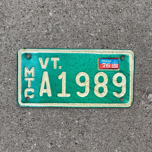 Photo of a 1972 1976 Vermont Motorcycle License Plate Auto Tag Garage Decor Vintage A 1989 with original patina