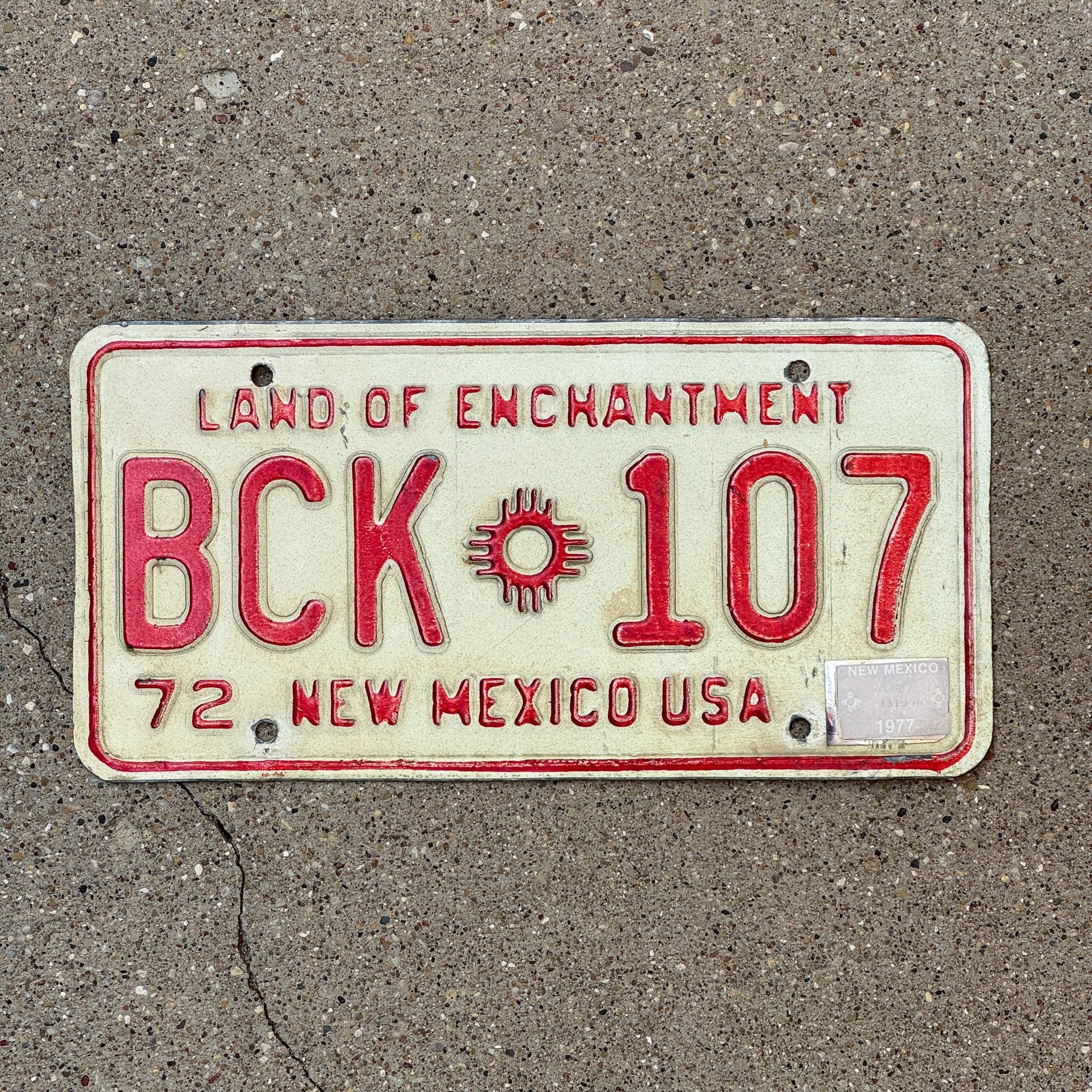 Photo of a 1972 1977 New Mexico License Plate Auto Tag Garage Decor Vintage BCK 107 with original patina