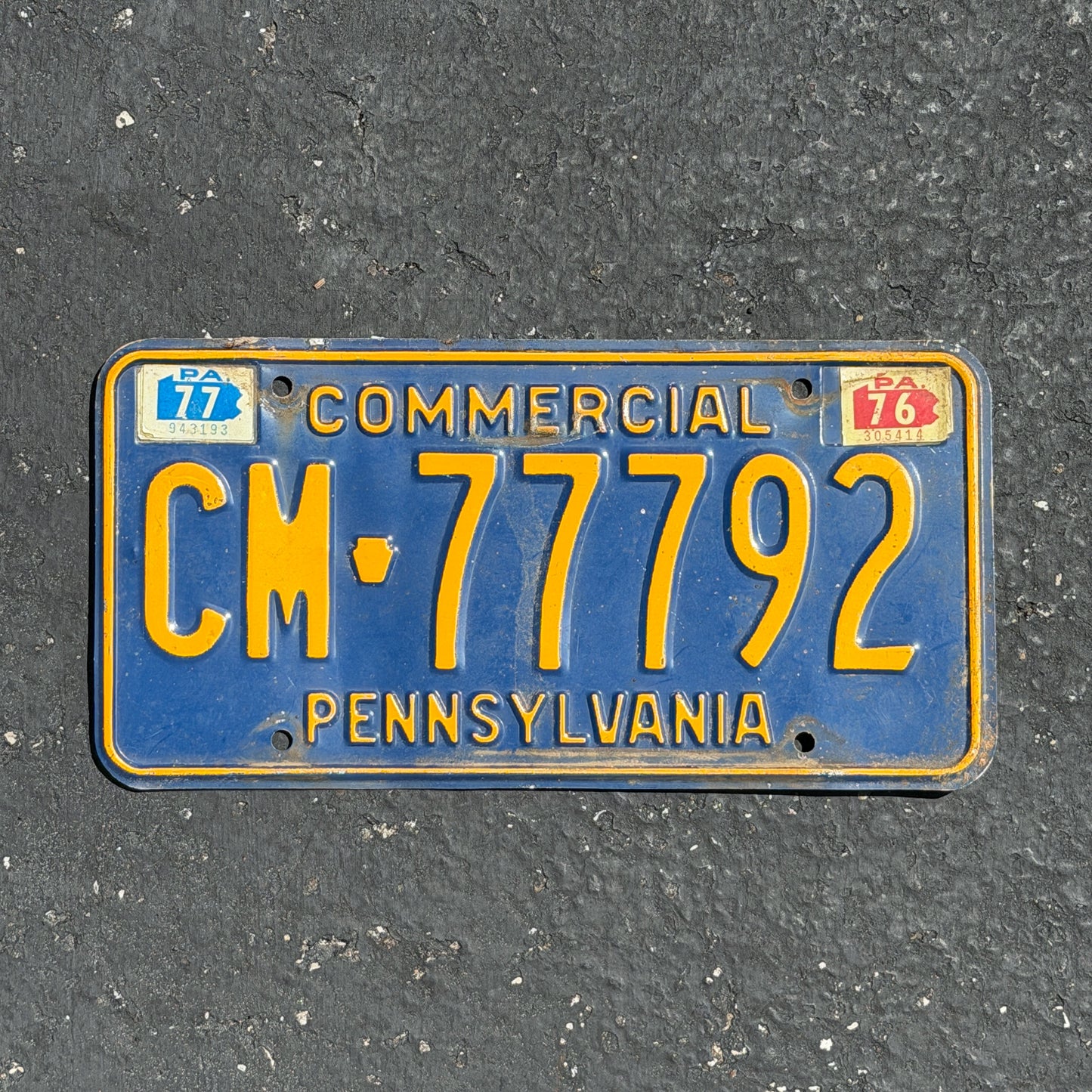 Photo of a 1972 1977 Pennsylvania Commercial License Plate Auto Tag Garage Decor Vintage Lucky 7 Repeat Repeating CM 77792 with original patina