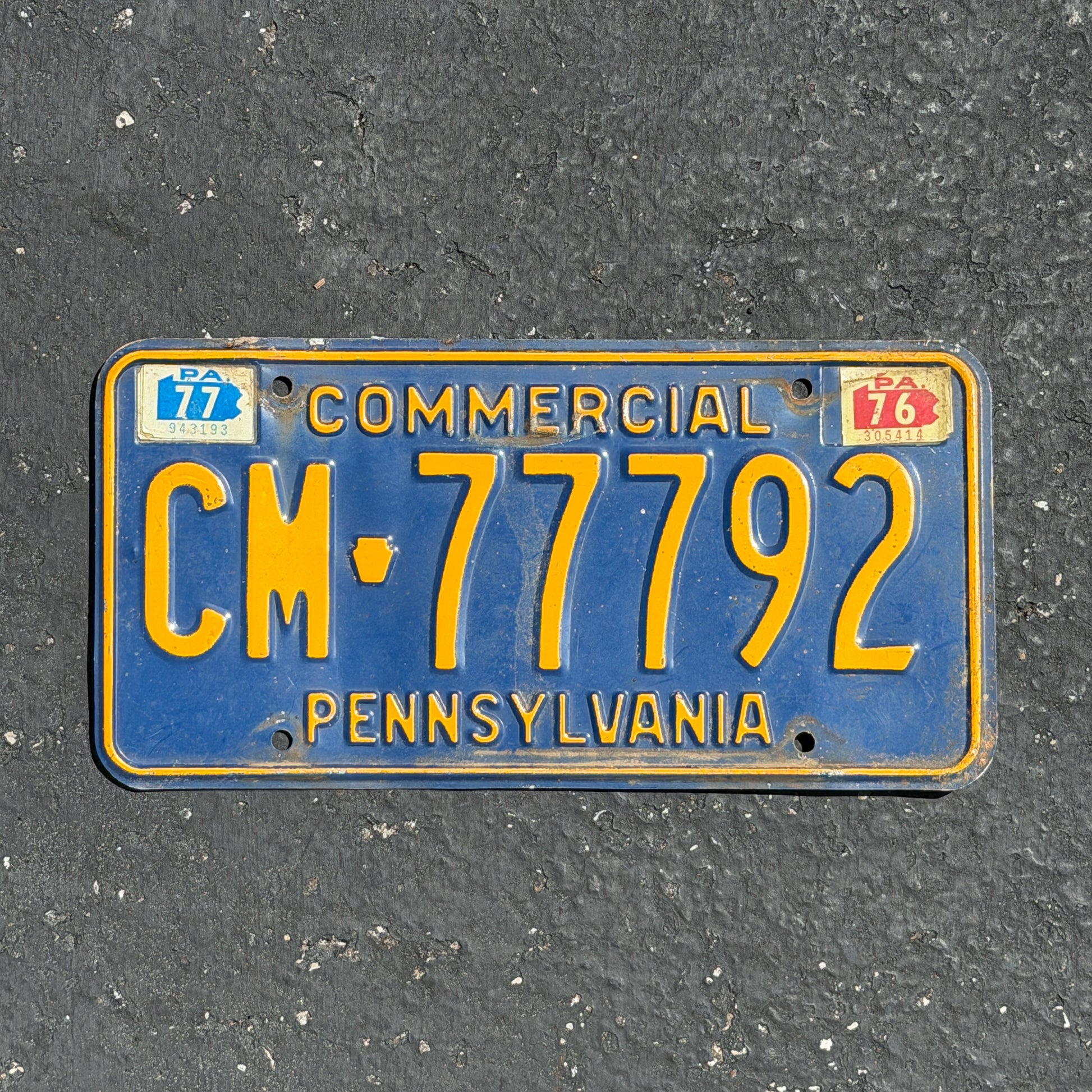 Photo of a 1972 1977 Pennsylvania Commercial License Plate Auto Tag Garage Decor Vintage Lucky 7 Repeat Repeating CM 77792 with original patina