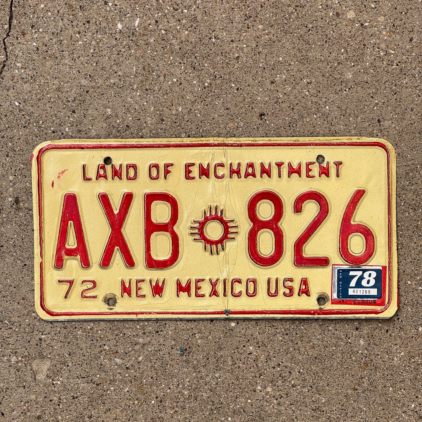 Photo of a 1972 1978 New Mexico License Plate Auto Tag Garage Decor Vintage AXB 826 with original patina