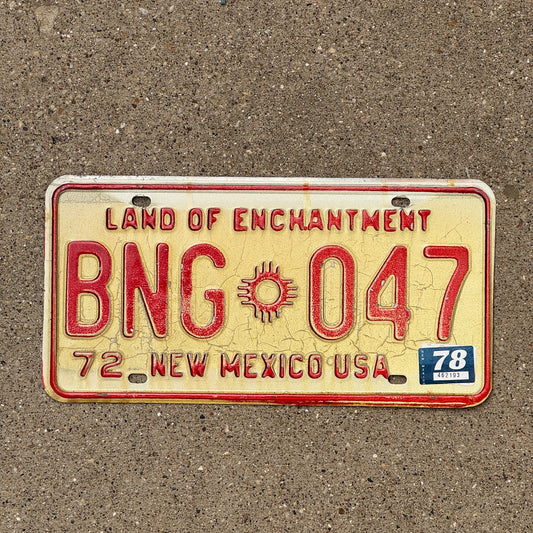 Photo of a 1972 1978 New Mexico License Plate Auto Tag Garage Decor Vintage BNG 047 with original patina