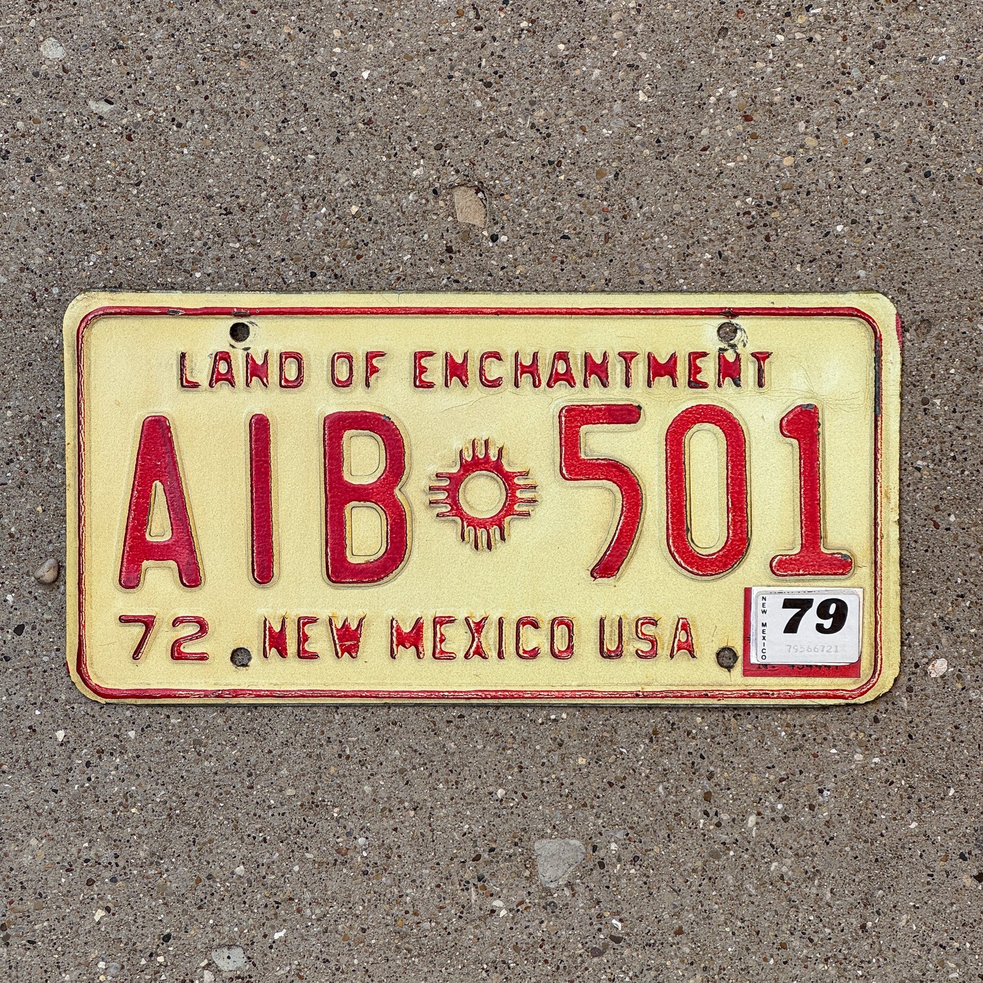 Photo of a 1972 1979 New Mexico License Plate Auto Tag Garage Decor Vintage AIB 501 with original patina
